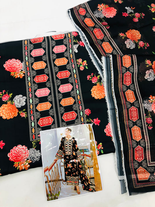 ANEELA BLACK PRINTED SILK (WITHOUT PATCHES)