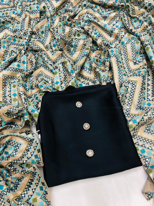 CHINA SILK BLACK WITH ZIGZAG KHADDAR SHAWL