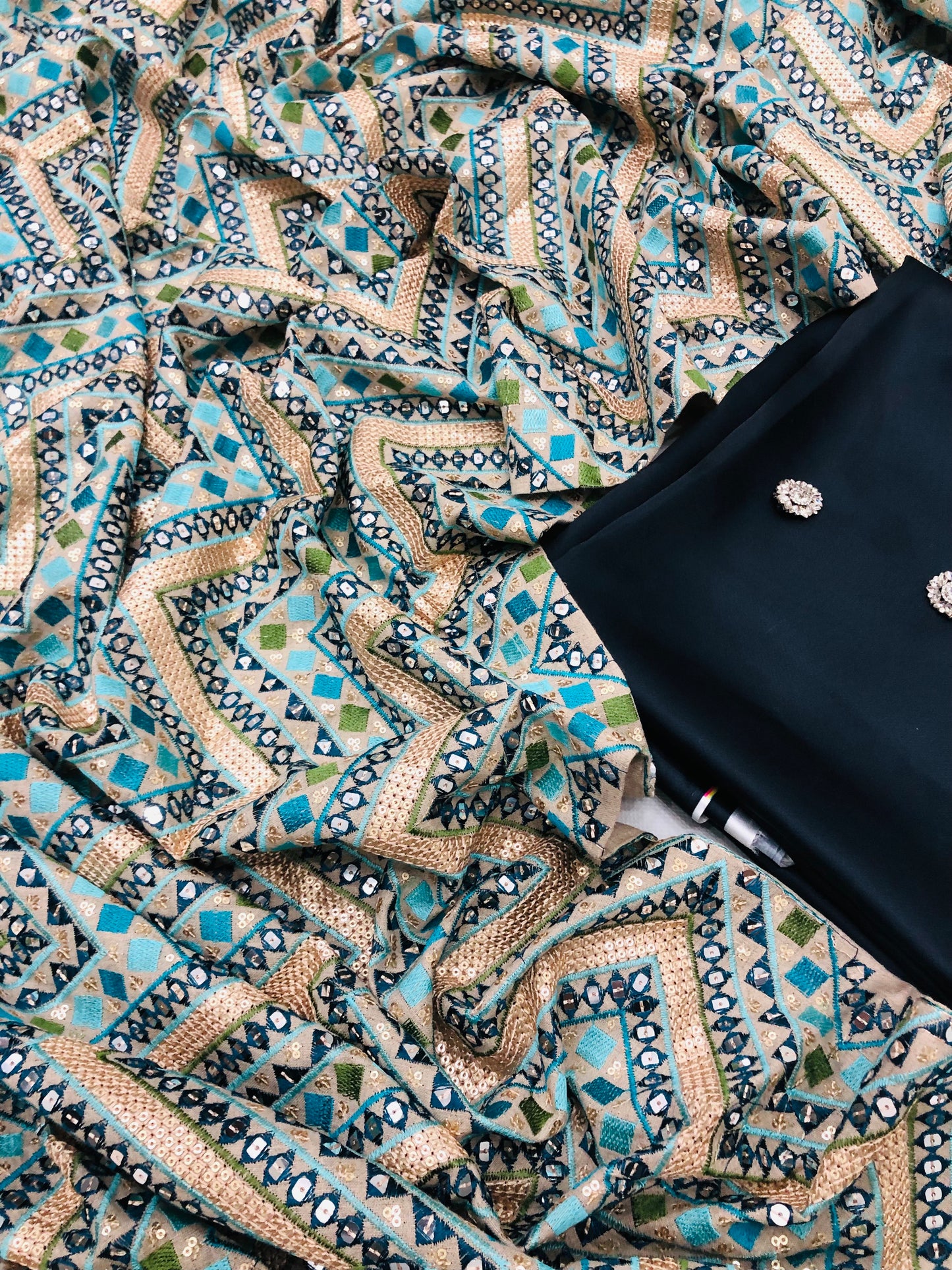 CHINA SILK BLACK WITH ZIGZAG KHADDAR SHAWL