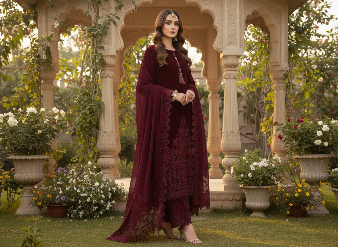 MAHROON VELVET CUTWORK