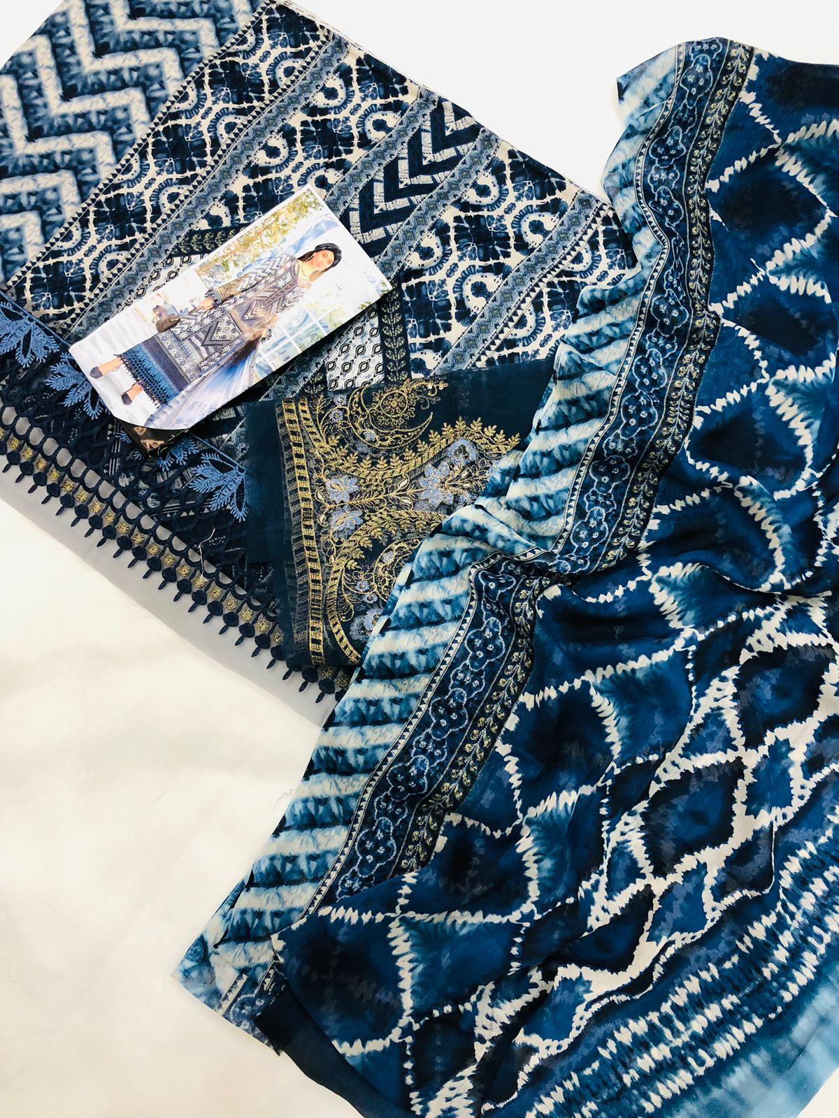 BLUE EMBROIDERED LAWN WITH SHAFOON DUPATTA - SR FABRICS