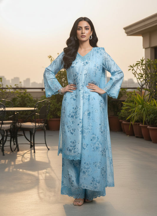 SKY BLUE FLOWERS SILK PRET