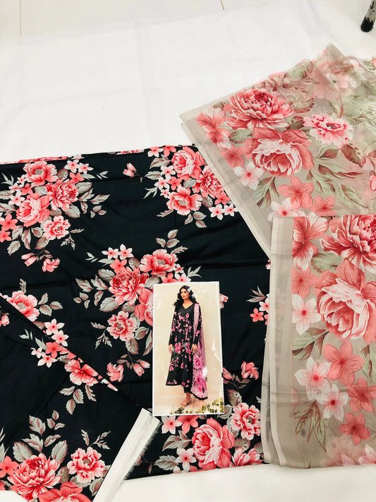IZNIK BLACK PINK PRINTED LAWN - SR FABRICS