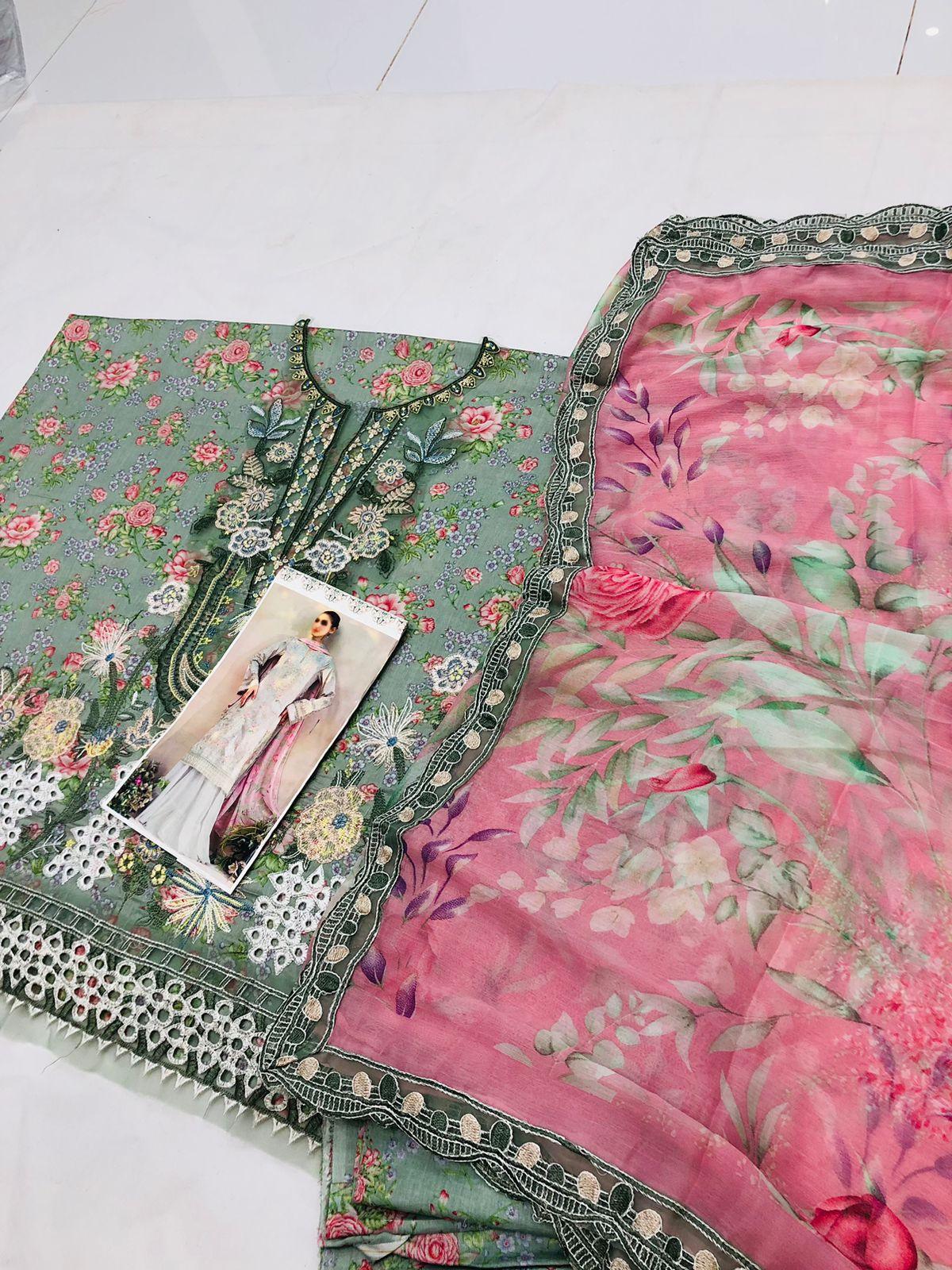 IZNIK GREEN PINK CHICKEN KARI LAWN - SR FABRICS