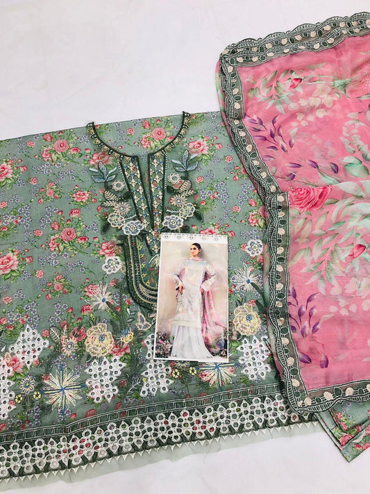 IZNIK GREEN PINK CHICKEN KARI LAWN - SR FABRICS
