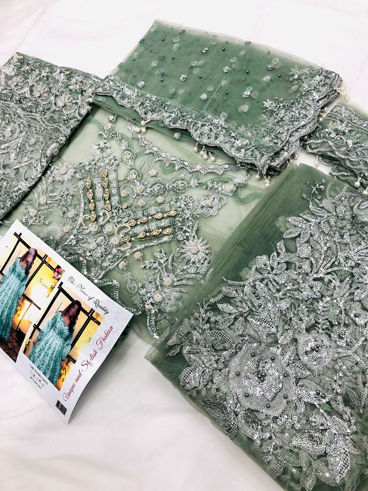 MADIHA OLIVE GREEN NET MAKSI - SR FABRICS