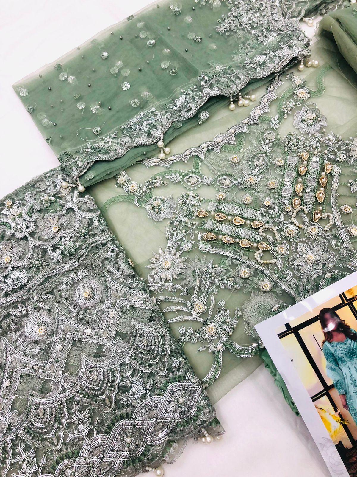 MADIHA OLIVE GREEN NET MAKSI - SR FABRICS