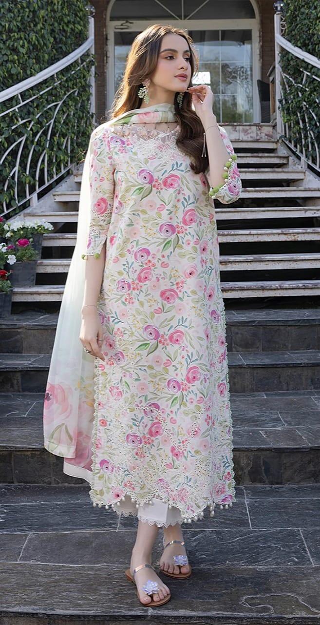 MB OFF WHITE FLOWERS PRINTED LAWN - SR FABRICS