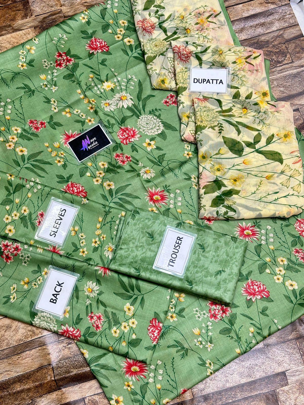 MB OLIVE PRINTED LAWN - SR FABRICS