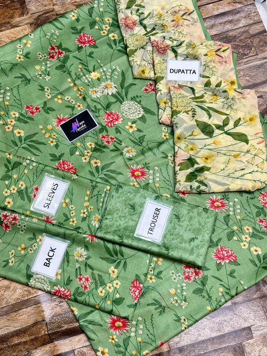 MB OLIVE PRINTED LAWN - SR FABRICS