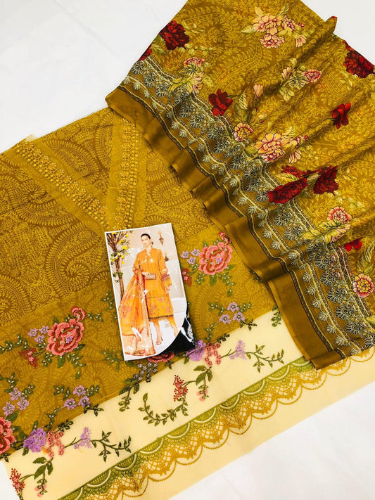 MUSTARD DIGITAL PRINTED LAWN - SR FABRICS