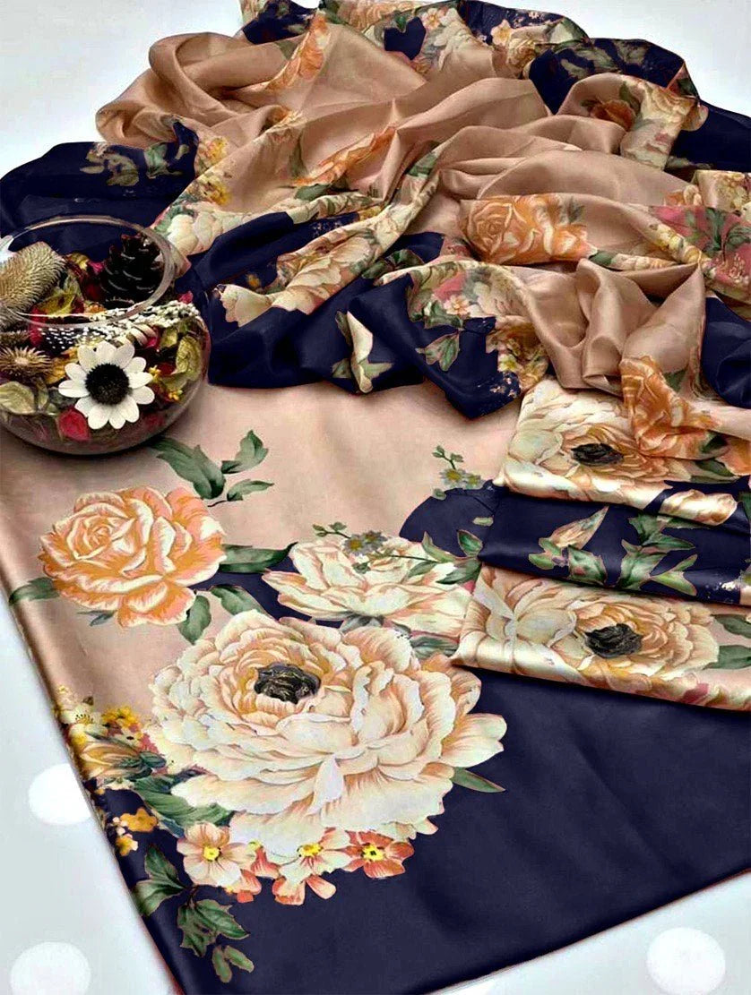 ROSES WITH BLUE CHINA SILK - SR FABRICS