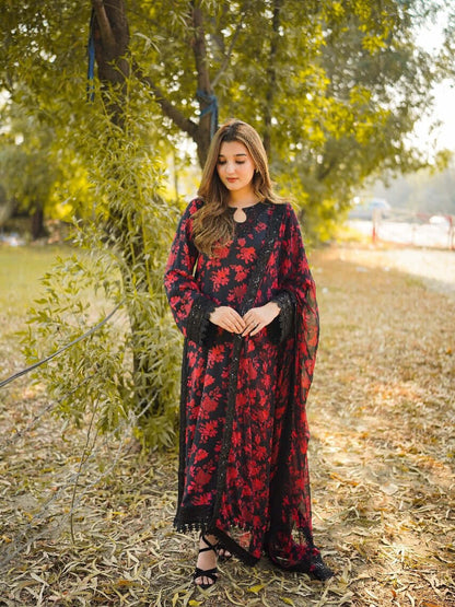 ANEELA BLACK RED FANCY LAWN