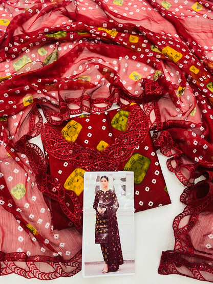 ANEELA MAHROON CHUNRI LAWN