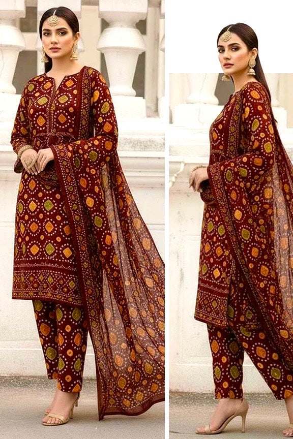 ANEELA MAHROON CHUNRI LAWN