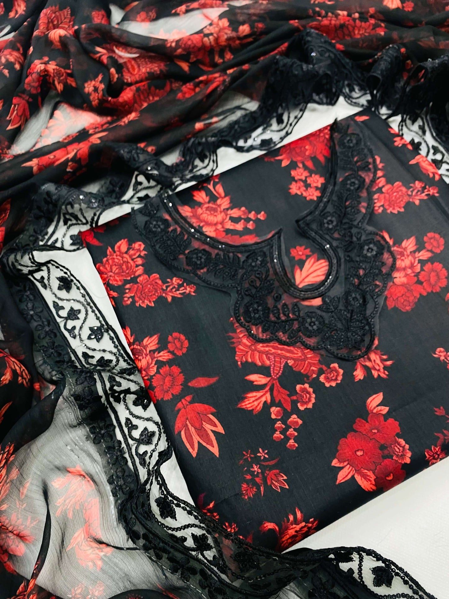 ANEELA BLACK RED FANCY LAWN
