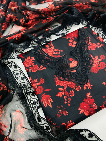 ANEELA BLACK RED FANCY LAWN