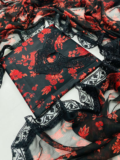 ANEELA BLACK RED FANCY LAWN