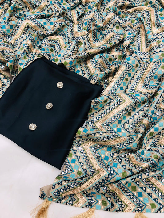 CHINA SILK BLACK WITH ZIGZAG KHADDAR SHAWL