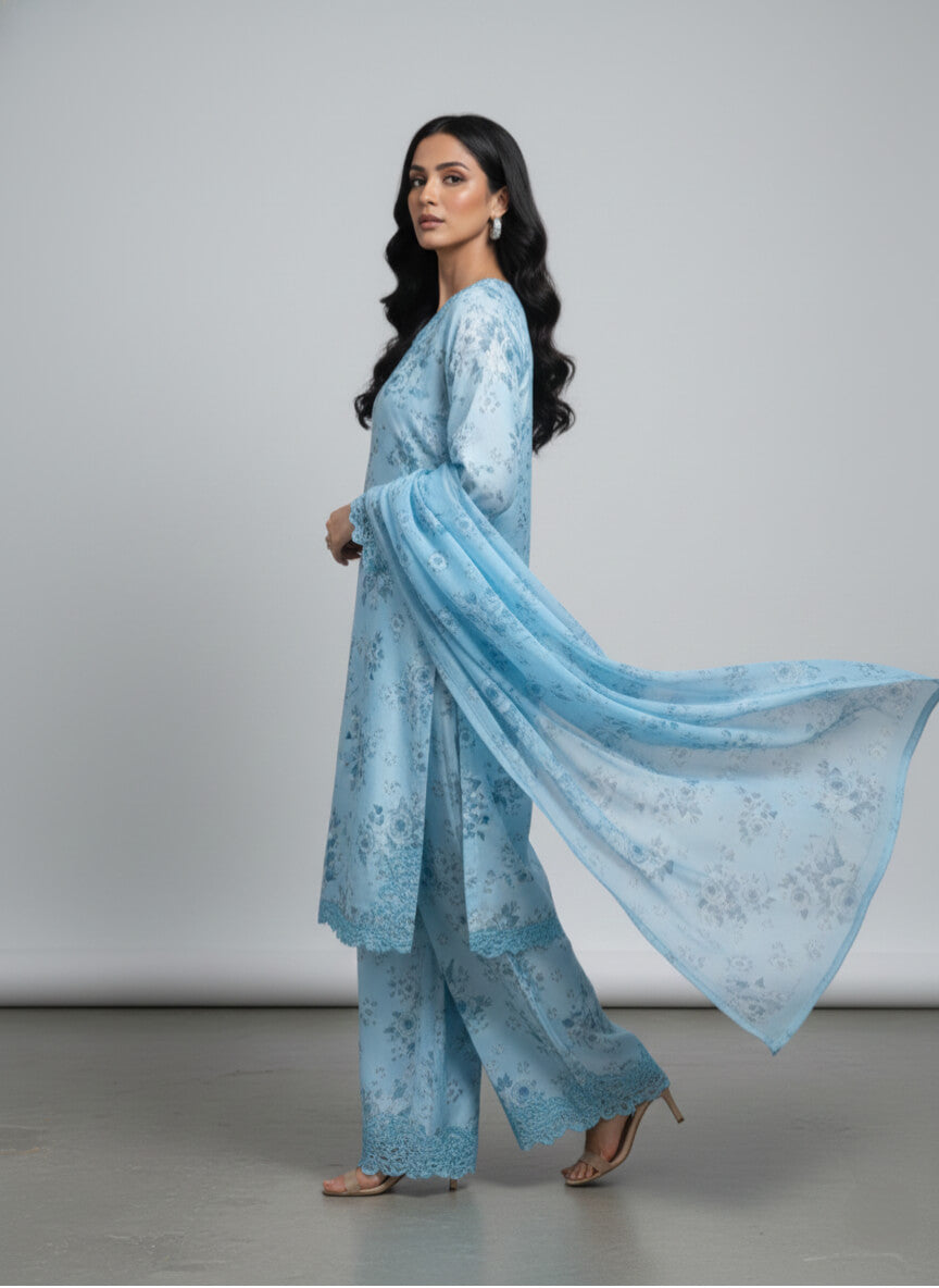 SKY BLUE FLOWERS SILK PRET