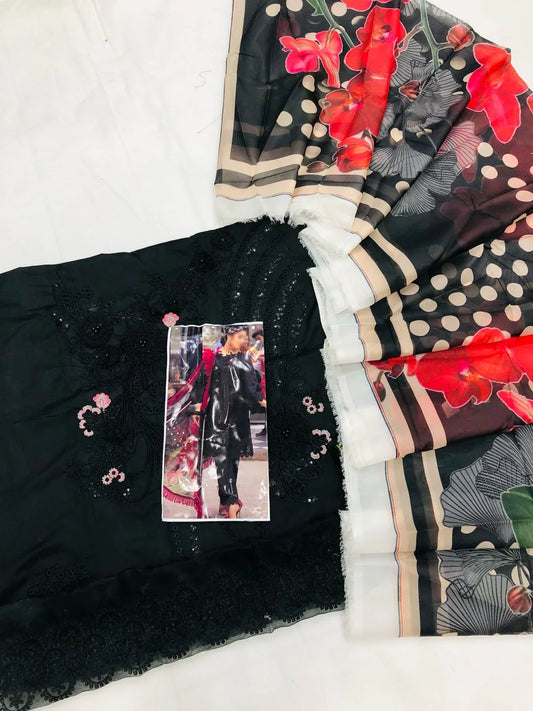 BAREEZE BLACK 3D CHICKEN KARI LAWN - SR FABRICS