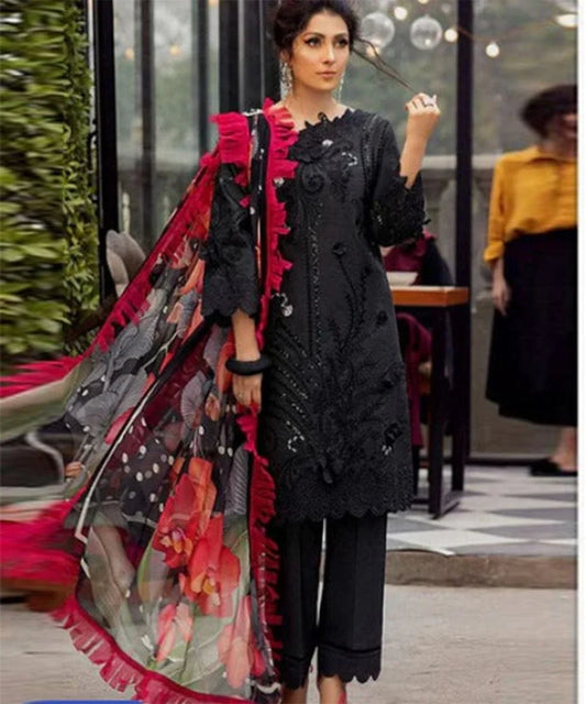 BAREEZE BLACK 3D CHICKEN KARI LAWN - SR FABRICS