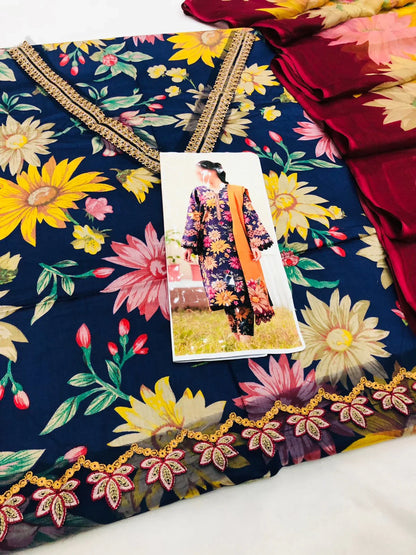 BAROQUE BLUE SUNFLOWERS LAWN - SR FABRICS
