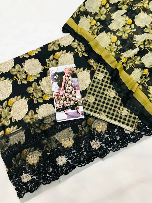 BLACK DIGITAL PRINTED LAWN - SR FABRICS