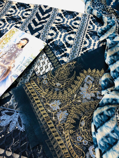 BLUE EMBROIDERED LAWN WITH SHAFOON DUPATTA - SR FABRICS