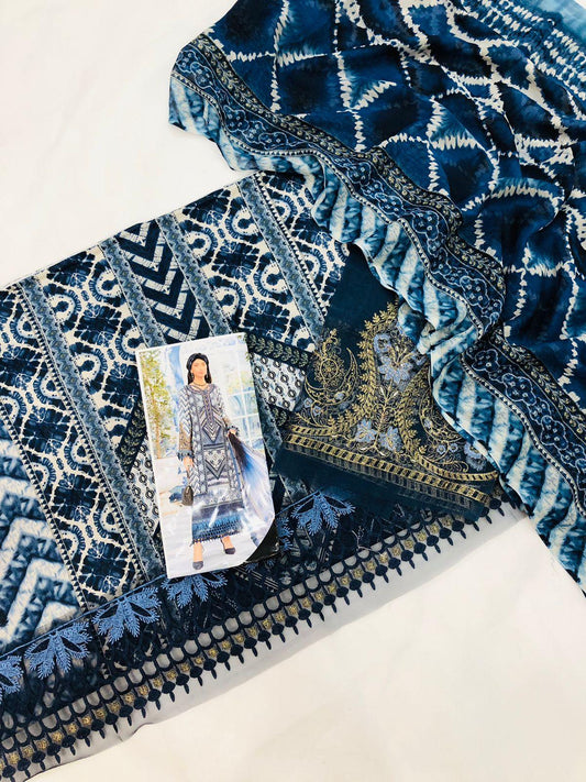 BLUE EMBROIDERED LAWN WITH SHAFOON DUPATTA - SR FABRICS