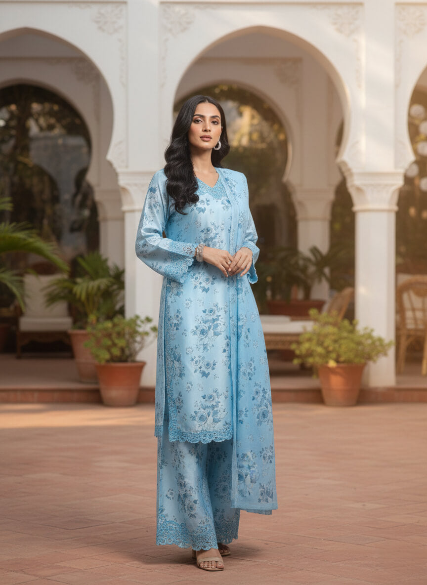 SKY BLUE FLOWERS SILK PRET