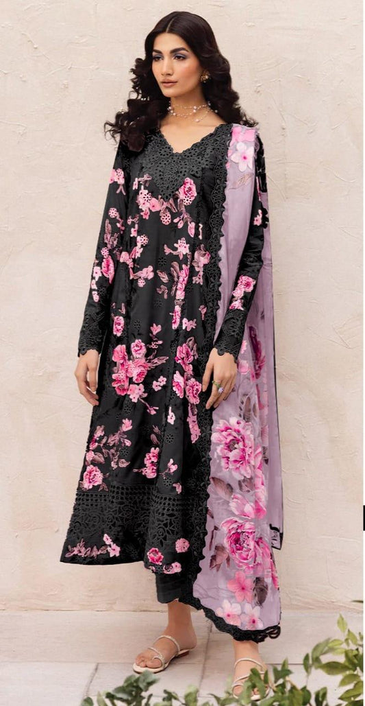 IZNIK BLACK PINK PRINTED LAWN - SR FABRICS