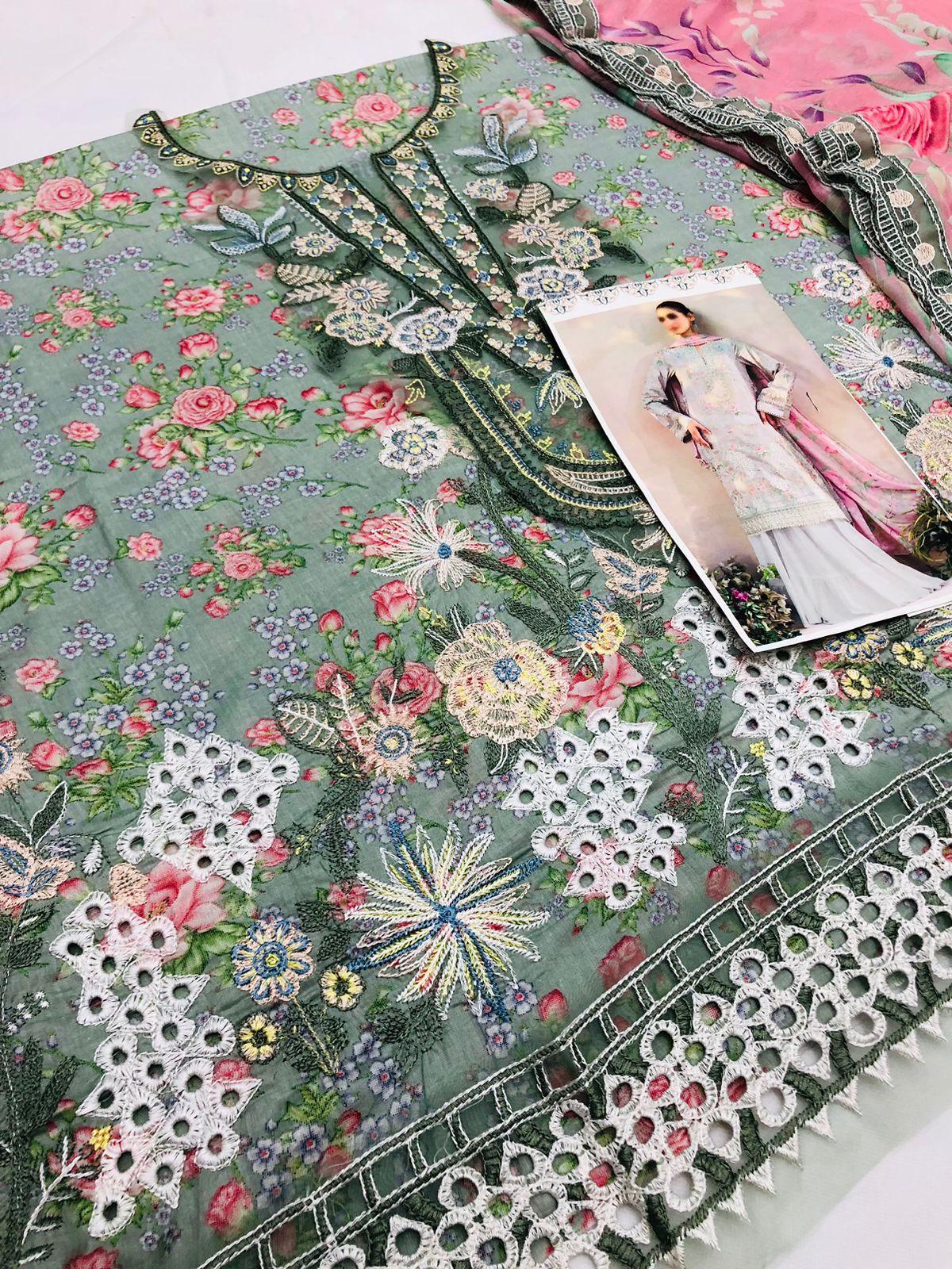 IZNIK GREEN PINK CHICKEN KARI LAWN - SR FABRICS