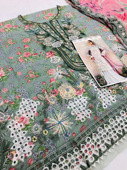 IZNIK GREEN PINK CHICKEN KARI LAWN - SR FABRICS