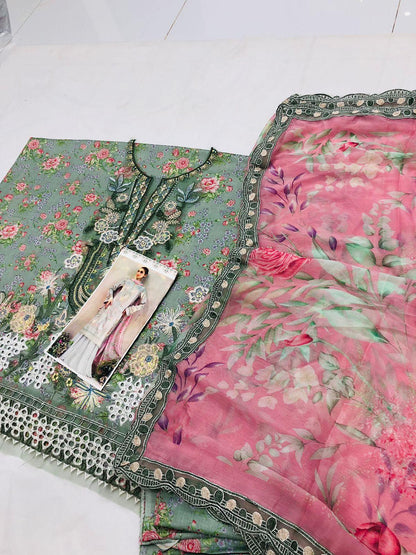 IZNIK GREEN PINK CHICKEN KARI LAWN - SR FABRICS