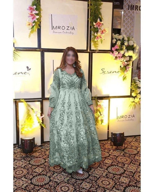 MADIHA OLIVE GREEN NET MAKSI - SR FABRICS