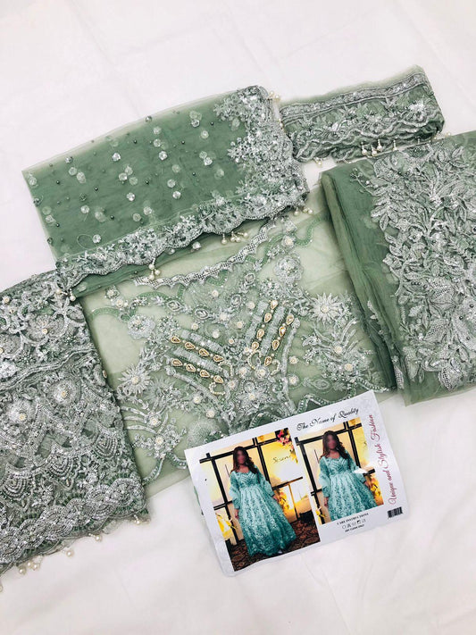 MADIHA OLIVE GREEN NET MAKSI - SR FABRICS