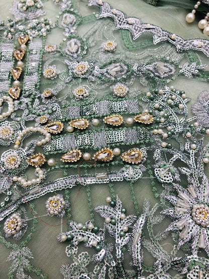 MADIHA OLIVE GREEN NET MAKSI - SR FABRICS