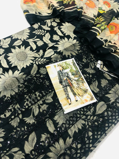 MB BLACK FLOWERS DIGITAL LAWN - SR FABRICS
