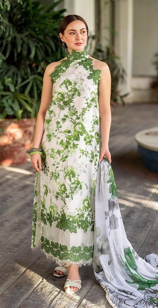 MB GREEN LEAVES PRINTED LAWN - SR FABRICS