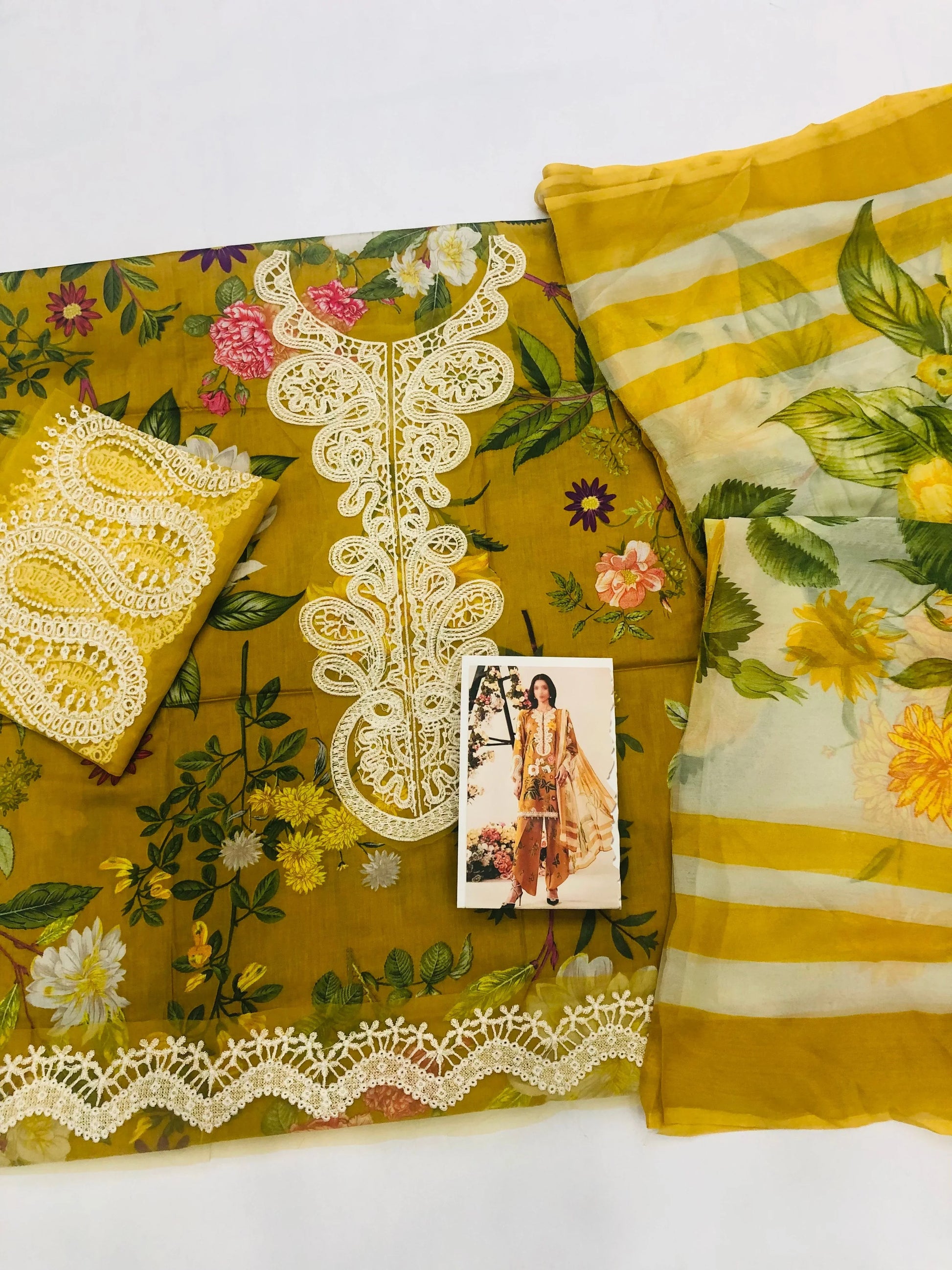 MB MUSTARD EMB NECK LAWN - SR FABRICS