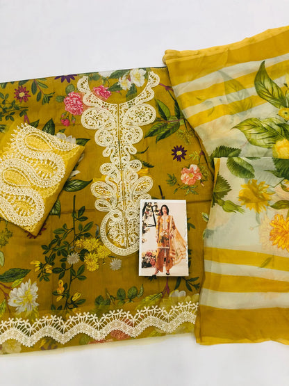 MB MUSTARD EMB NECK LAWN - SR FABRICS