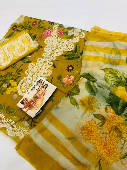 MB MUSTARD EMB NECK LAWN - SR FABRICS