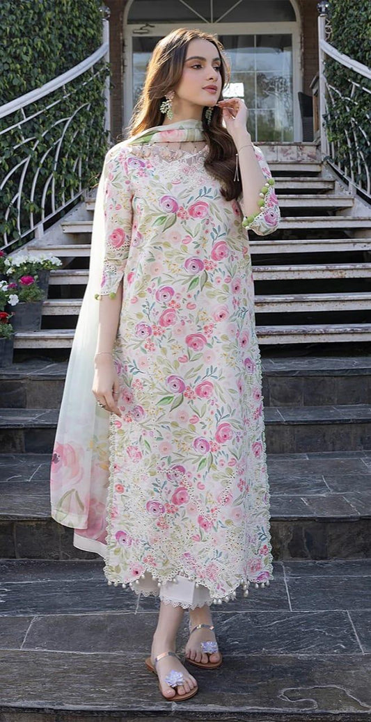 MB OFF WHITE FLOWERS PRINTED LAWN - SR FABRICS