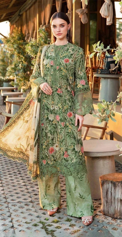 MB OLIVE PRINTED LAWN - SR FABRICS
