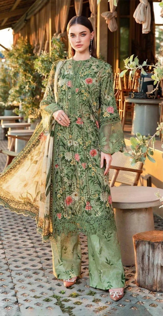 MB OLIVE PRINTED LAWN - SR FABRICS