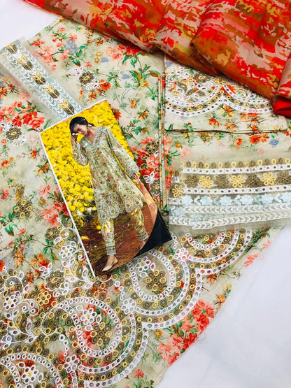 MULTI PRINTED LAWN WITH SILK DUPATTA - SR FABRICS