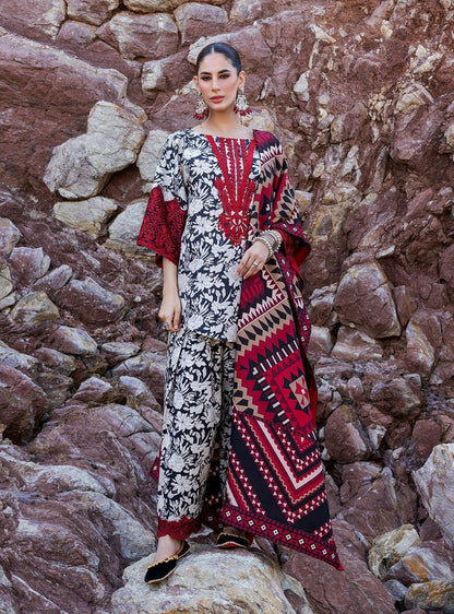 ZC BLACK RED DIGITAL LAWN DUPATTA - SR FABRICS