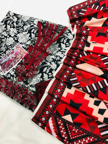 ZC BLACK RED DIGITAL LAWN DUPATTA - SR FABRICS