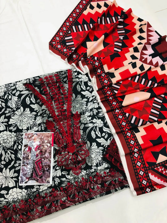 ZC BLACK RED DIGITAL LAWN DUPATTA - SR FABRICS